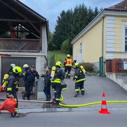 Feuerwehrleute in Schutzkleidung arbeiten an einem Einsatzort, während ein Feuerwehrfahrzeug bereitsteht.