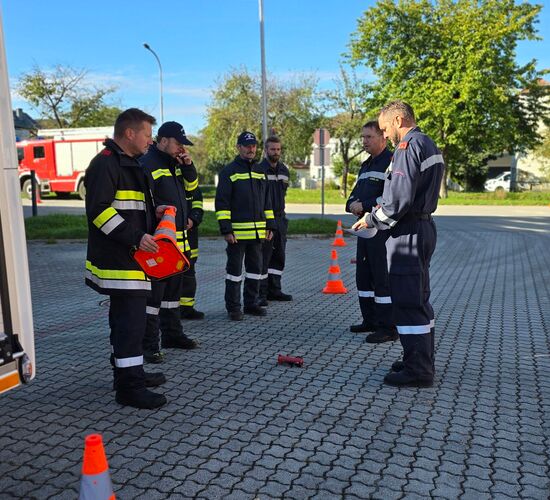 Der Gruppe wird die richtige Aufstellung von Verkehrsleitkegeln erklärt